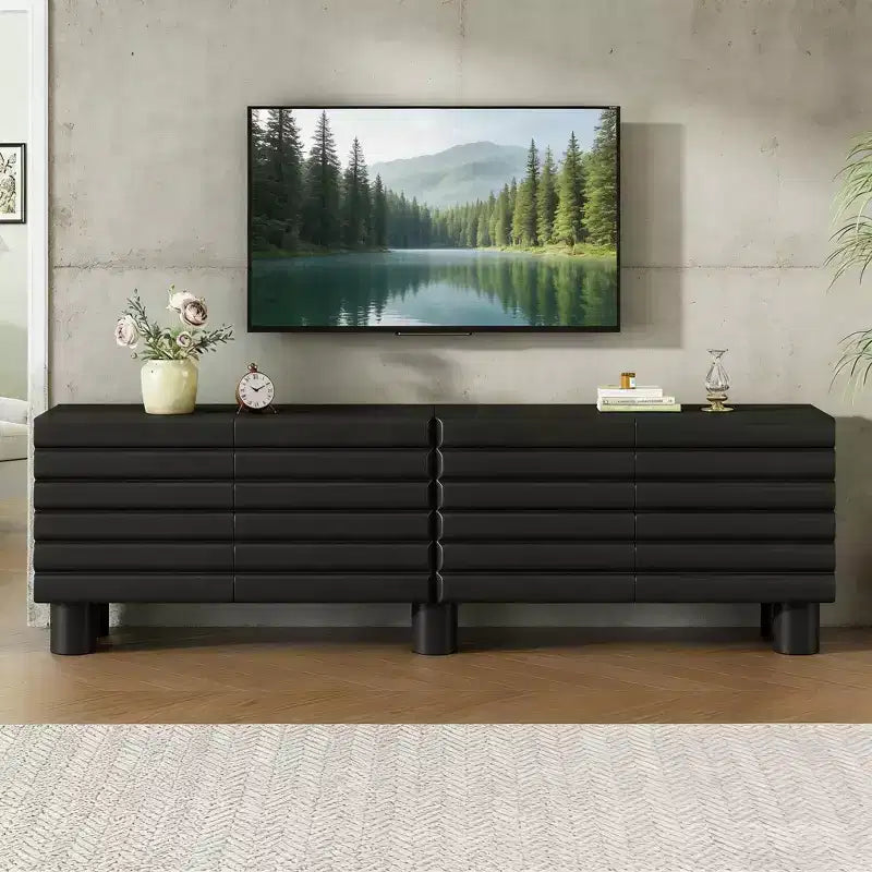 JVNOXK 70.8-inch Modern TV Stand with 4 Storage Cabinets, Solid Cylindrical Legs, Cable Management Hole, Suitable for Living Room, Black