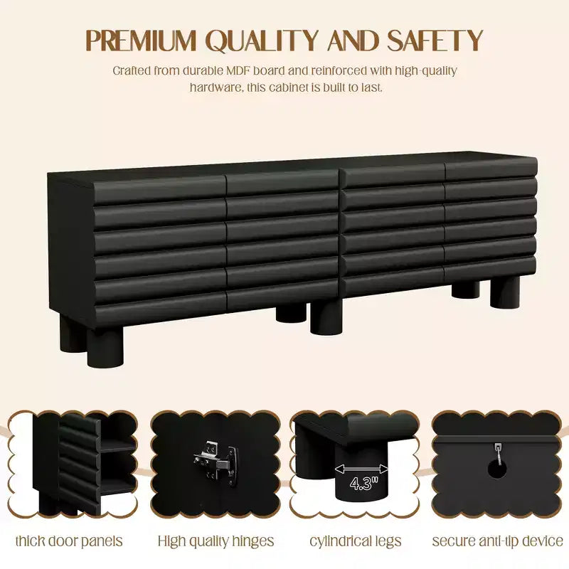 Meuble TV moderne de 180 cm – 4 compartiments de rangement, portes ondulées, gestion des câbles, noir