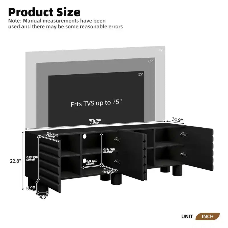 Meuble TV moderne de 180 cm – 4 compartiments de rangement, portes ondulées, gestion des câbles, noir