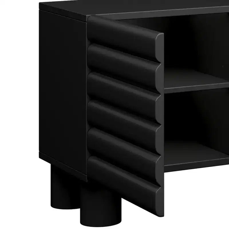 Meuble TV moderne de 180 cm – 4 compartiments de rangement, portes ondulées, gestion des câbles, noir
