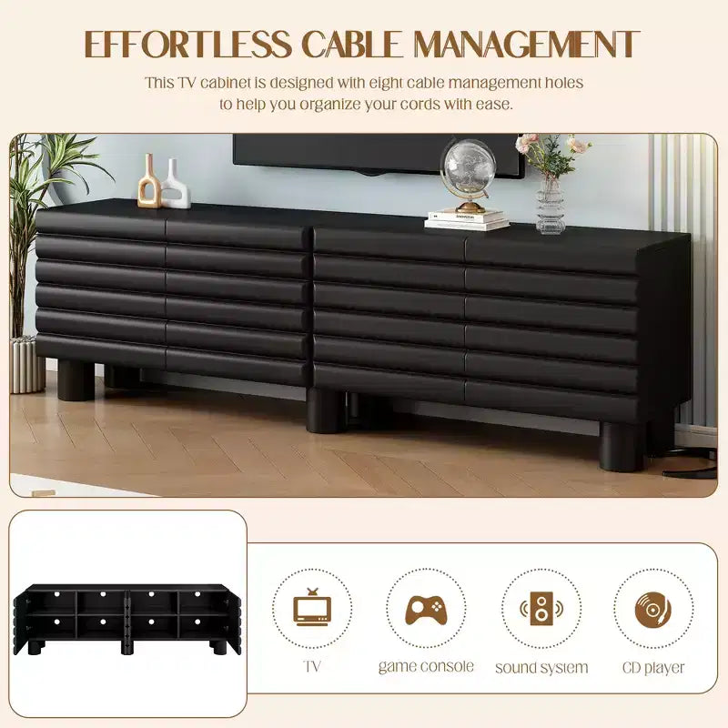 Meuble TV moderne de 180 cm – 4 compartiments de rangement, portes ondulées, gestion des câbles, noir
