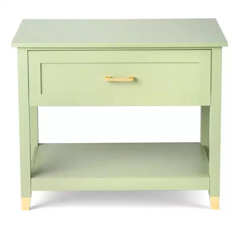 Table de chevet vert clair – MDF P2, 1 tiroir et 1 étagère, 75 cm L
