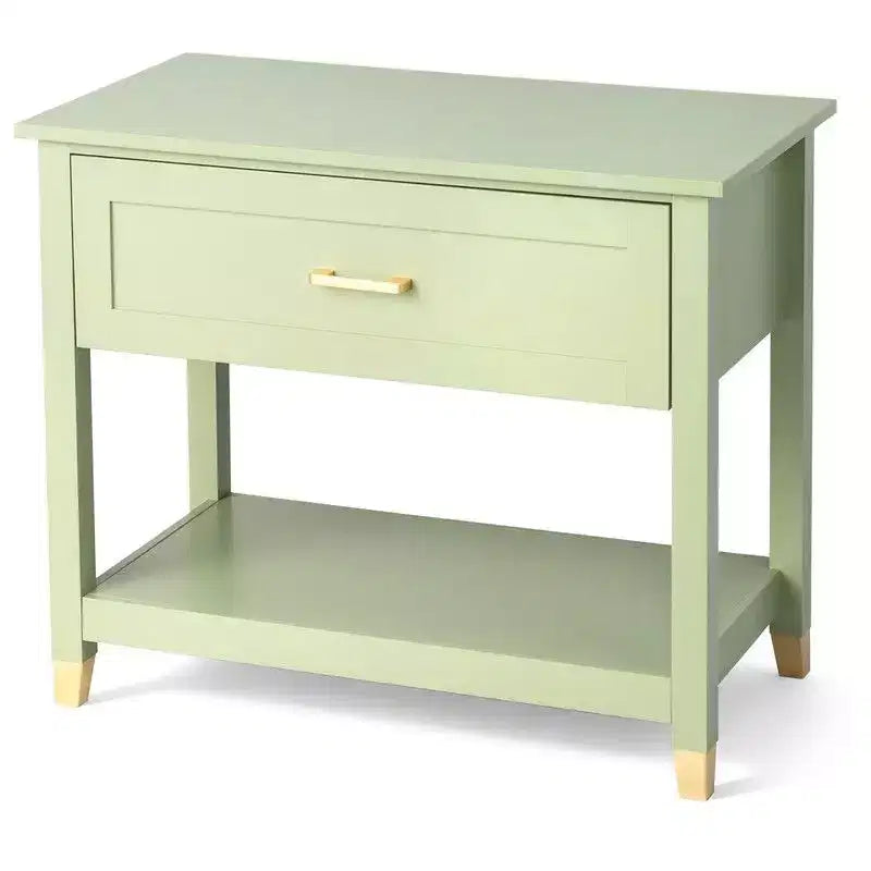 Table de chevet vert clair – MDF P2, 1 tiroir et 1 étagère, 75 cm L