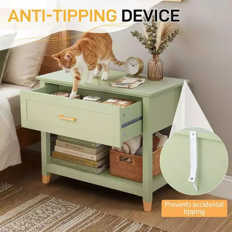 Table de chevet vert clair – MDF P2, 1 tiroir et 1 étagère, 75 cm L