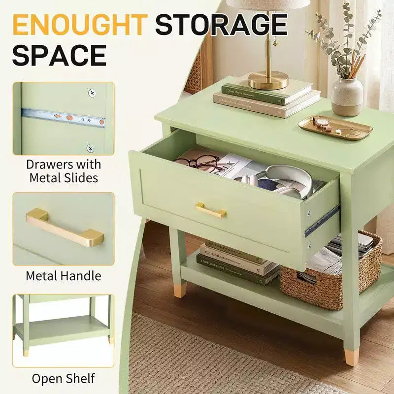 Table de chevet vert clair – MDF P2, 1 tiroir et 1 étagère, 75 cm L