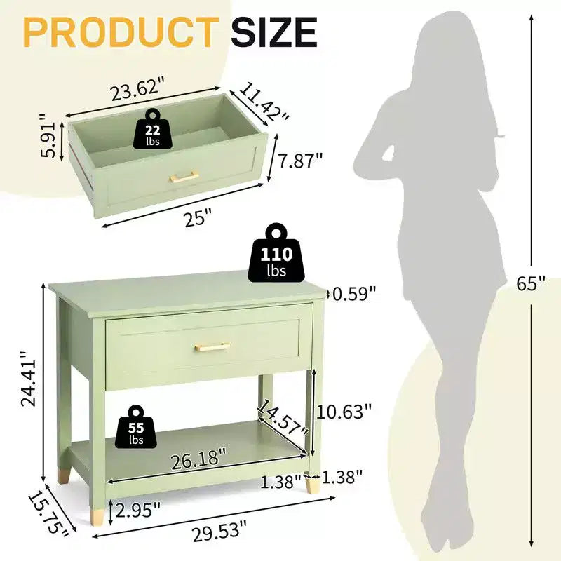 Table de chevet vert clair – MDF P2, 1 tiroir et 1 étagère, 75 cm L