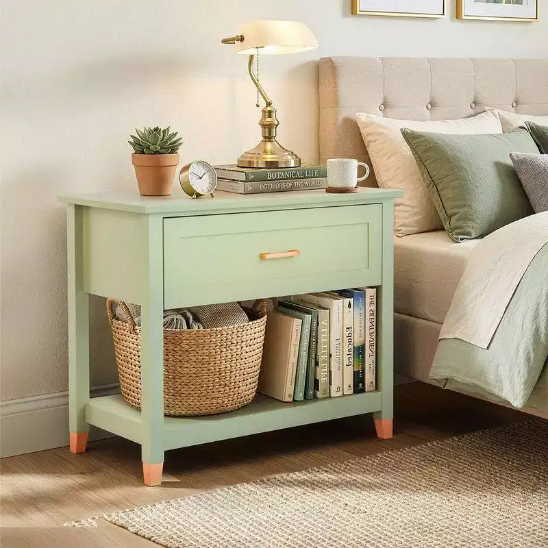 Table de chevet vert clair – MDF P2, 1 tiroir et 1 étagère, 75 cm L