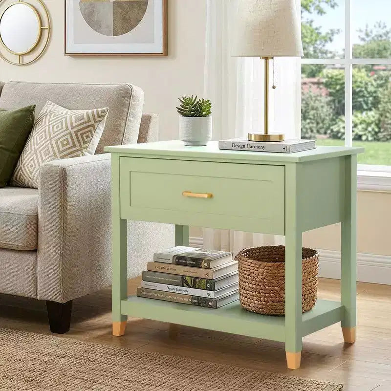 Table de chevet vert clair – MDF P2, 1 tiroir et 1 étagère, 75 cm L