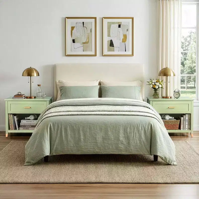 Table de chevet vert clair – MDF P2, 1 tiroir et 1 étagère, 75 cm L