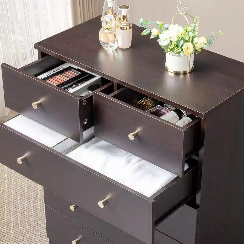 Commode à 3 niveaux et 4 tiroirs de 66 cm – Poignées or mat, Panneau de particules, Minimaliste