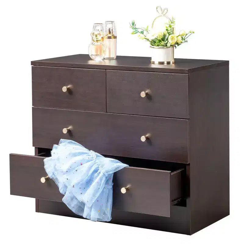 Commode à 3 niveaux et 4 tiroirs de 66 cm – Poignées or mat, Panneau de particules, Minimaliste