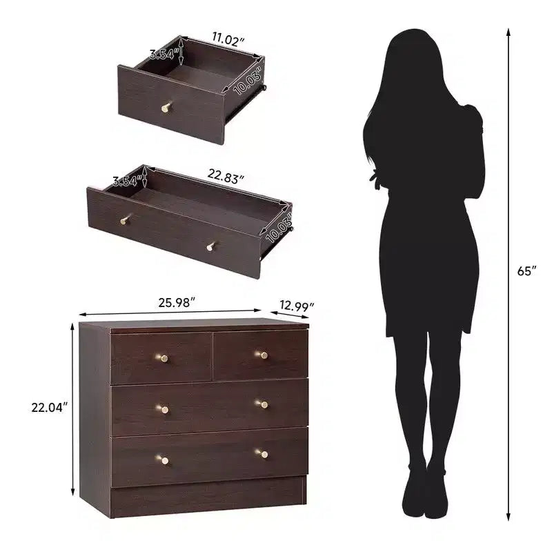 Commode à 3 niveaux et 4 tiroirs de 66 cm – Poignées or mat, Panneau de particules, Minimaliste