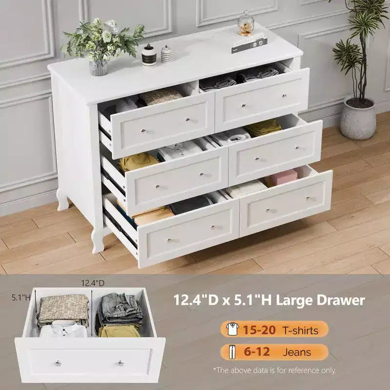 Commode blanche à 6 tiroirs – Pieds galbés à la française, MDF P2, 120 cm de large