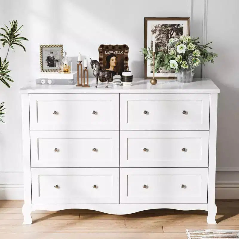 Commode blanche à 6 tiroirs – Pieds galbés à la française, MDF P2, 120 cm de large