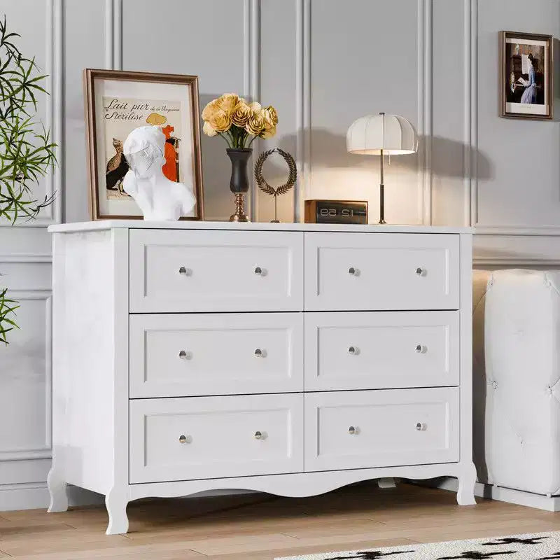 Commode blanche à 6 tiroirs – Pieds galbés à la française, MDF P2, 120 cm de large