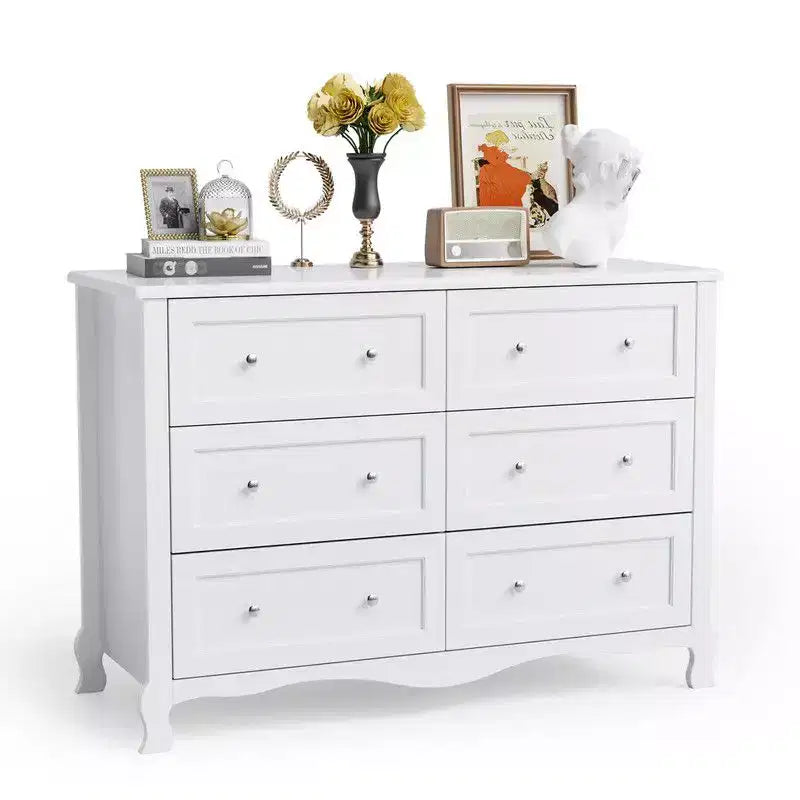 Commode blanche à 6 tiroirs – Pieds galbés à la française, MDF P2, 120 cm de large