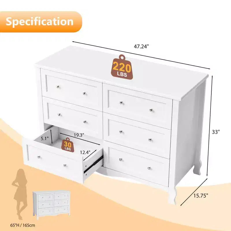 Commode blanche à 6 tiroirs – Pieds galbés à la française, MDF P2, 120 cm de large