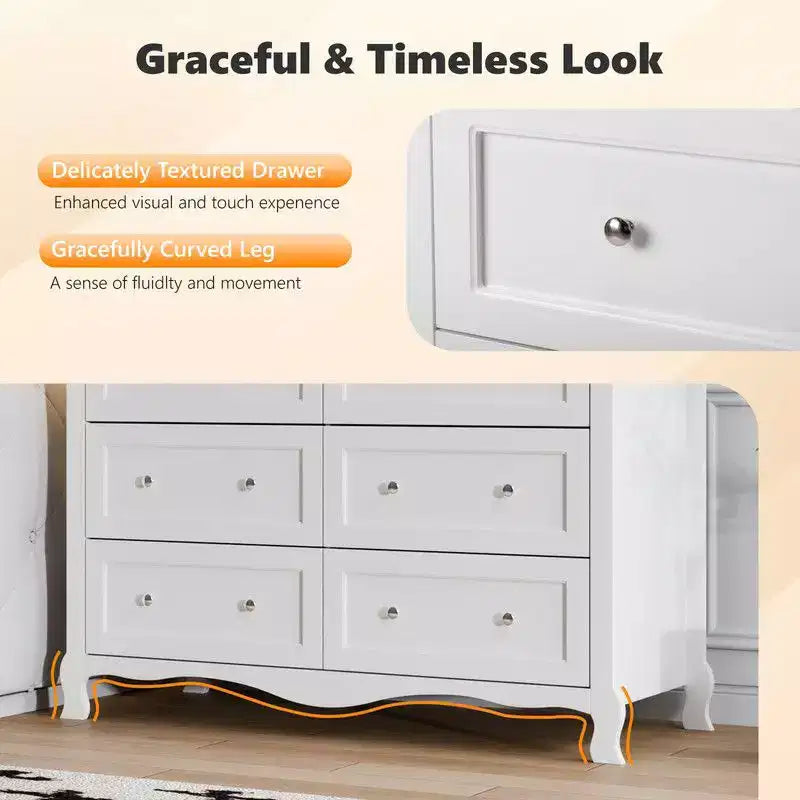 Commode blanche à 6 tiroirs – Pieds galbés à la française, MDF P2, 120 cm de large