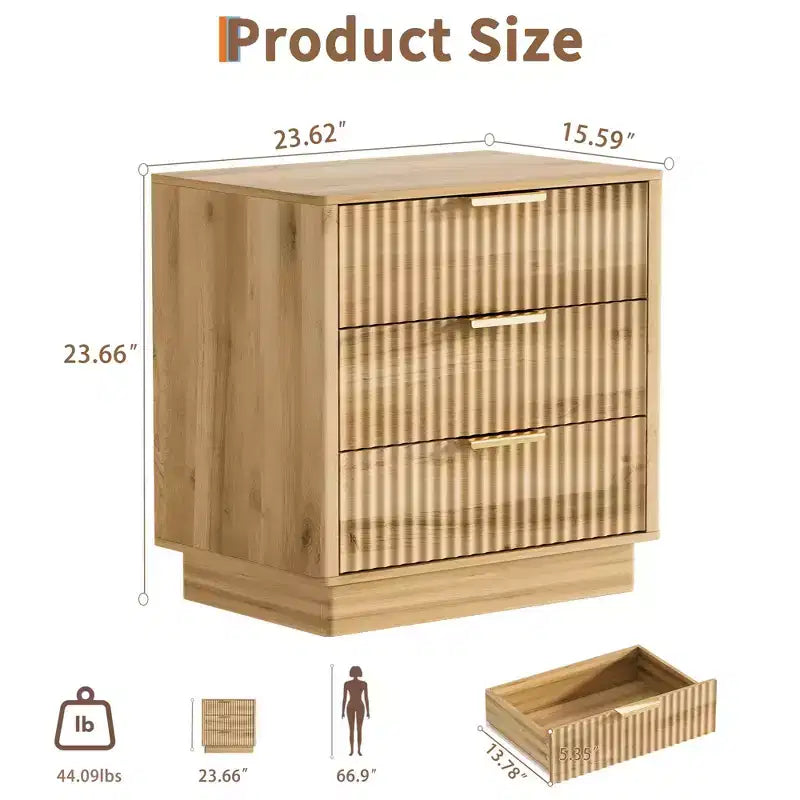 Table de chevet à rainures larges de 23,6 pouces avec 3 grands tiroirs de rangement, table de chevet moderne en bois de style Mid-Century avec poignées en métal pour chambre et salon
