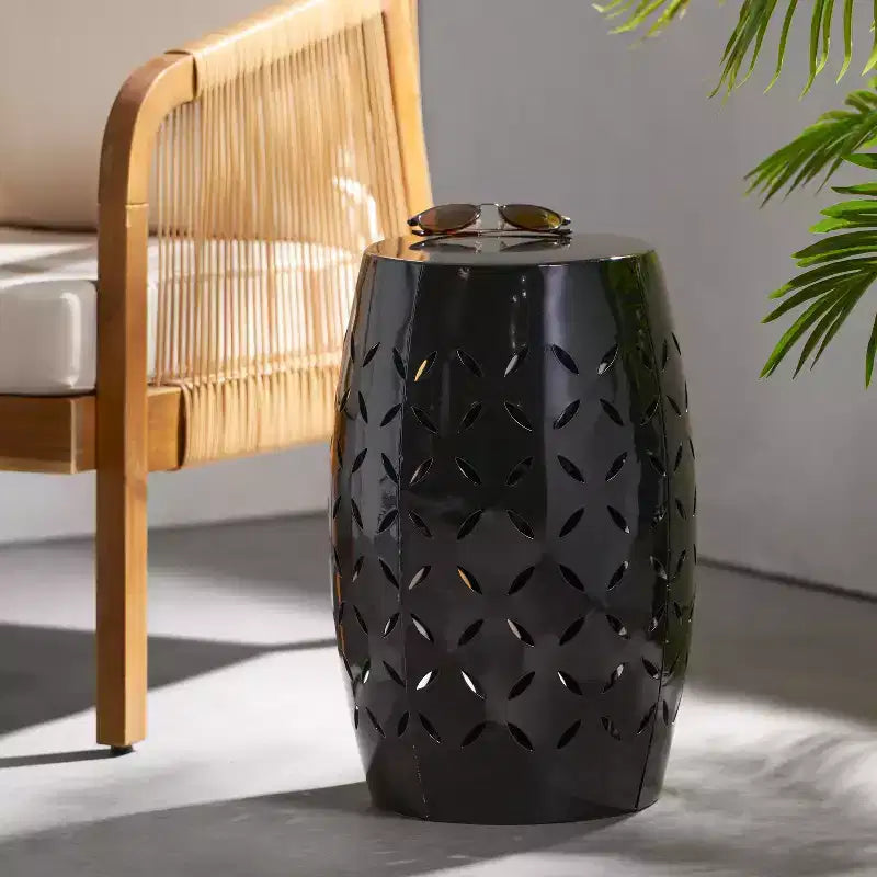 LILAC 12 Black Industrial Style Cylindrical Side Table, All-Metal Laser-Cut Accent Table for Indoor Outdoor Living Room Entryway