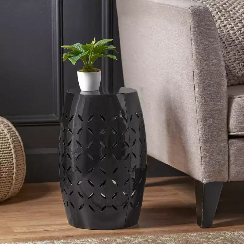 Table d'appoint cylindrique industrielle – Découpe laser tout métal, 30,5 cm x 45 cm (H), noire