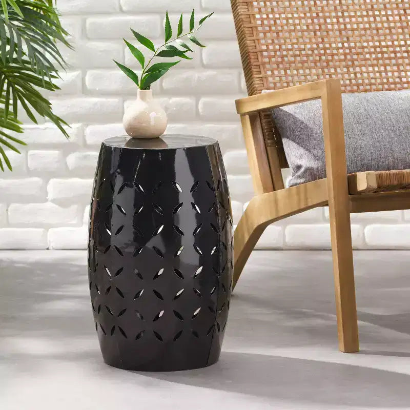 Table d'appoint cylindrique industrielle – Découpe laser tout métal, 30,5 cm x 45 cm (H), noire