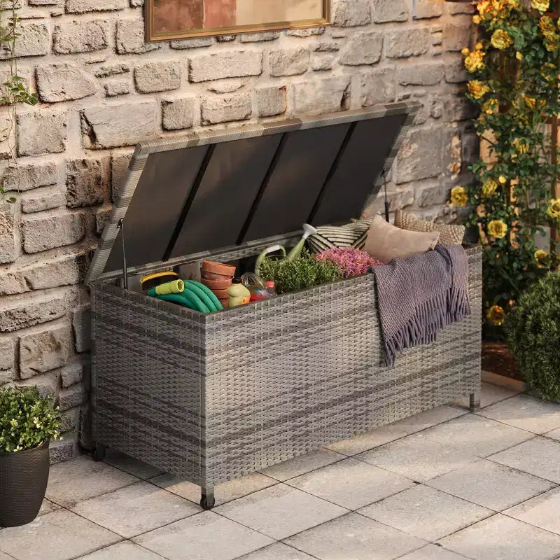 Coffre de rangement extérieur en résine tressée 125 gallons – Roues verrouillables, étanche, capacité de 227 kg