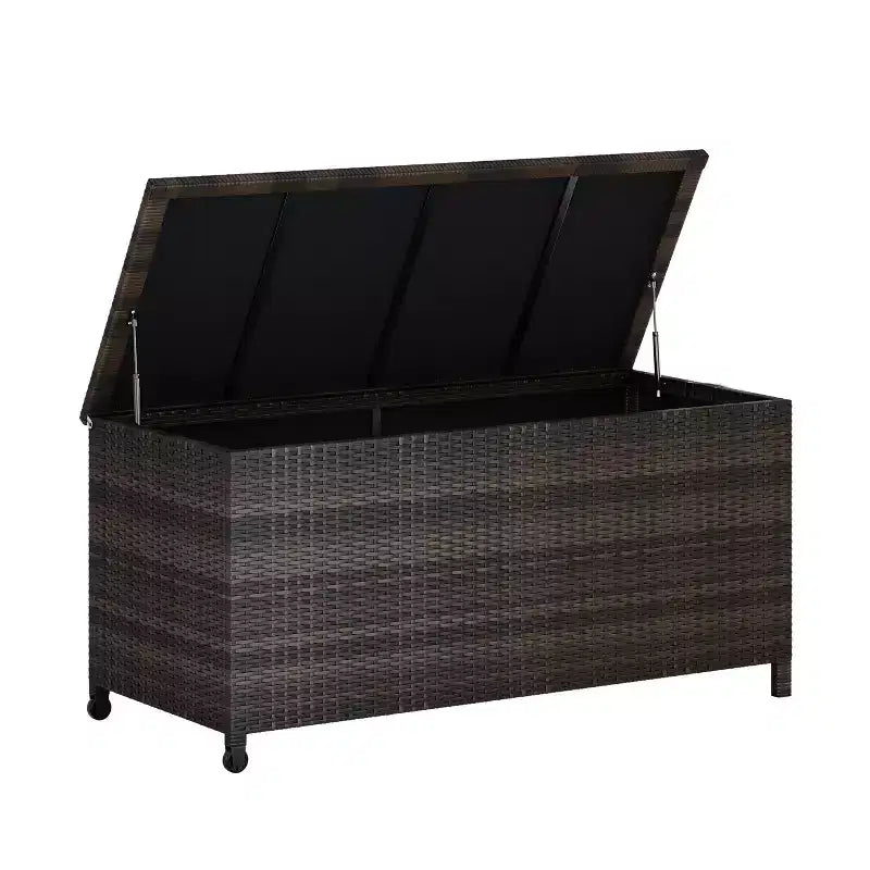PE Rattan Deck Box with Lockable Wheels, Outdoor Storage Chest with Side Handles for Patio Cushions Pool Toys