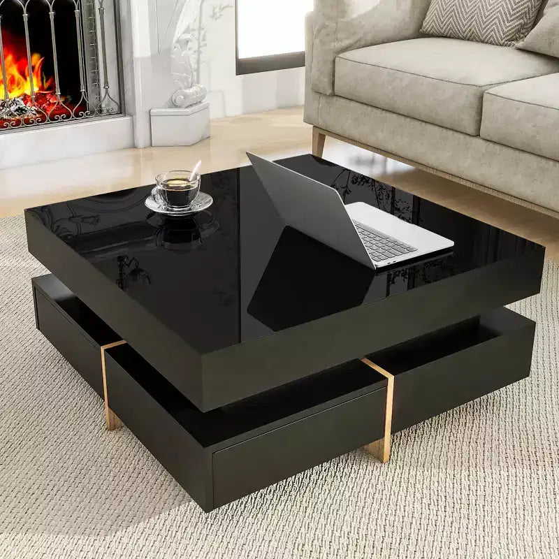 JVNOXK Modern High Gloss Coffee Table with 4 Drawers, Square Cocktail Table with Multi Storage Center Table for Living Room, Black