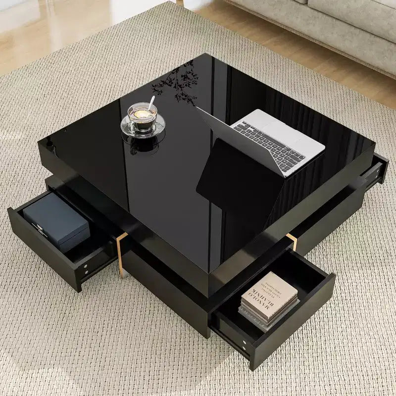 Table Basse Design Haute Brillance – 4 Tiroirs, Carrée 80 cm, Noire