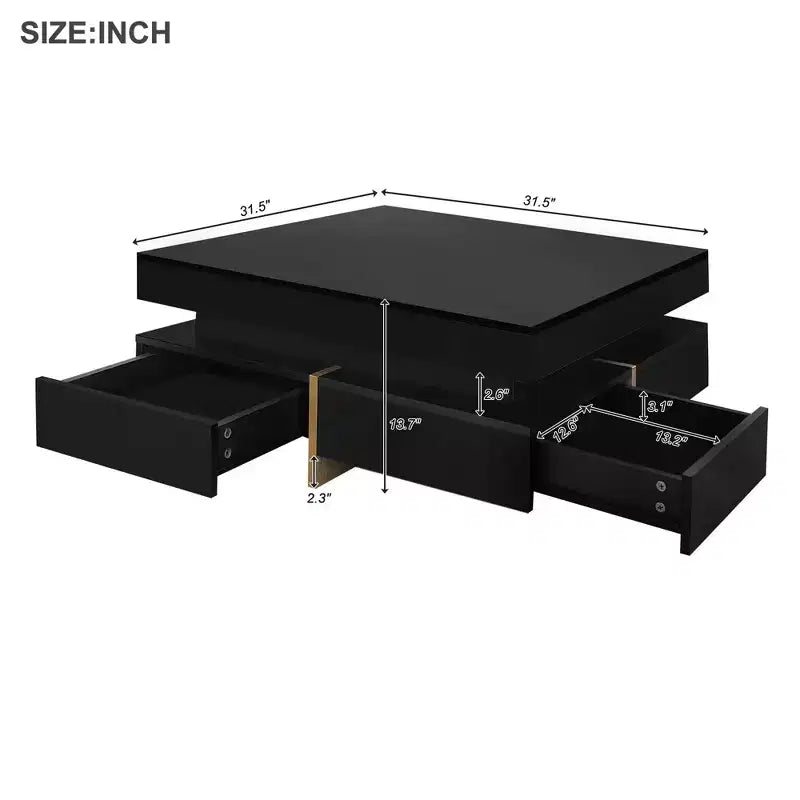 Table Basse Design Haute Brillance – 4 Tiroirs, Carrée 80 cm, Noire