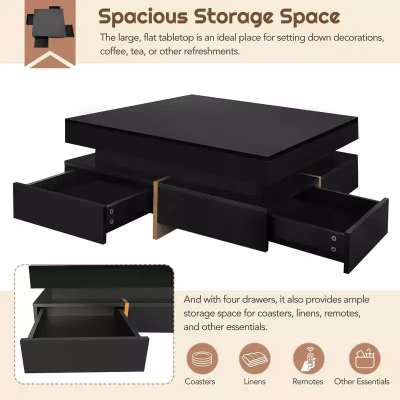 Table Basse Design Haute Brillance – 4 Tiroirs, Carrée 80 cm, Noire