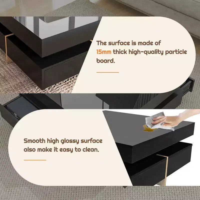 Table Basse Design Haute Brillance – 4 Tiroirs, Carrée 80 cm, Noire
