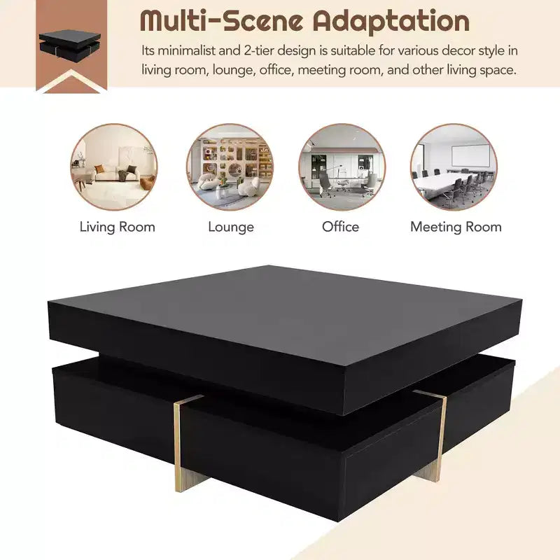 Table Basse Design Haute Brillance – 4 Tiroirs, Carrée 80 cm, Noire