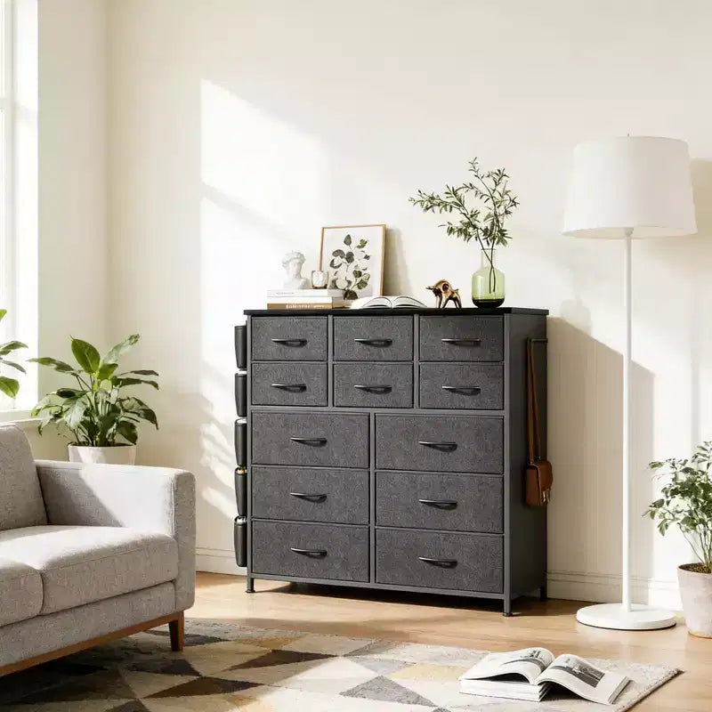 Commode en tissu à 12 tiroirs avec bacs – Tour de rangement haute avec dessus en bois, gris foncé