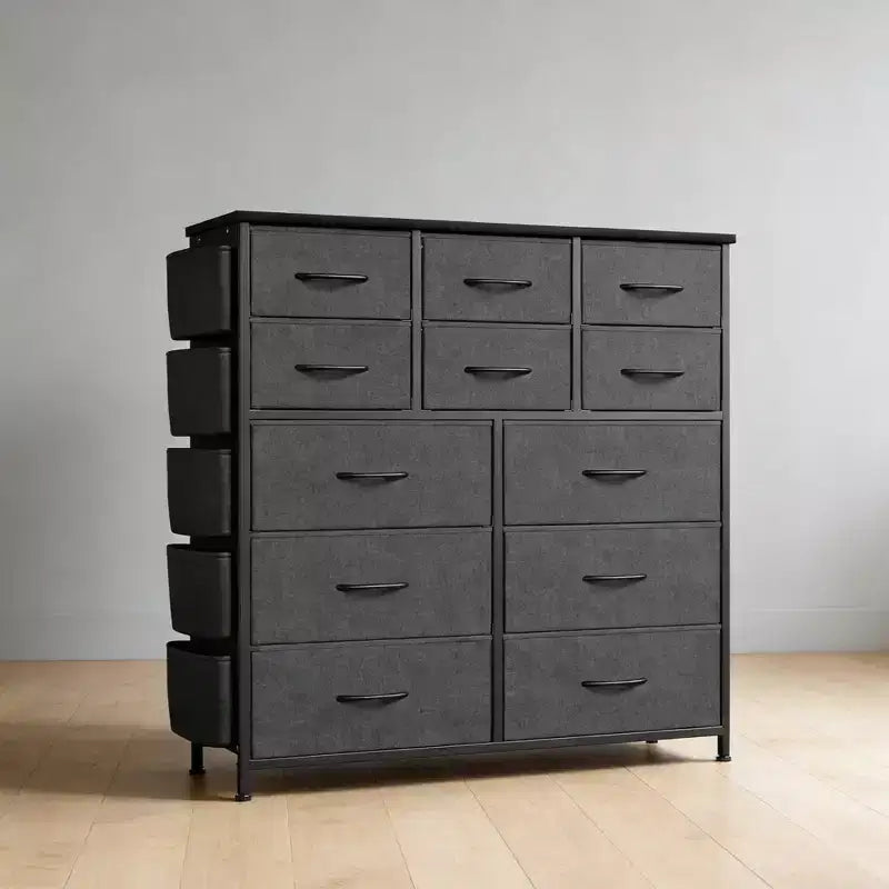 Commode en tissu à 12 tiroirs avec bacs – Tour de rangement haute avec dessus en bois, gris foncé