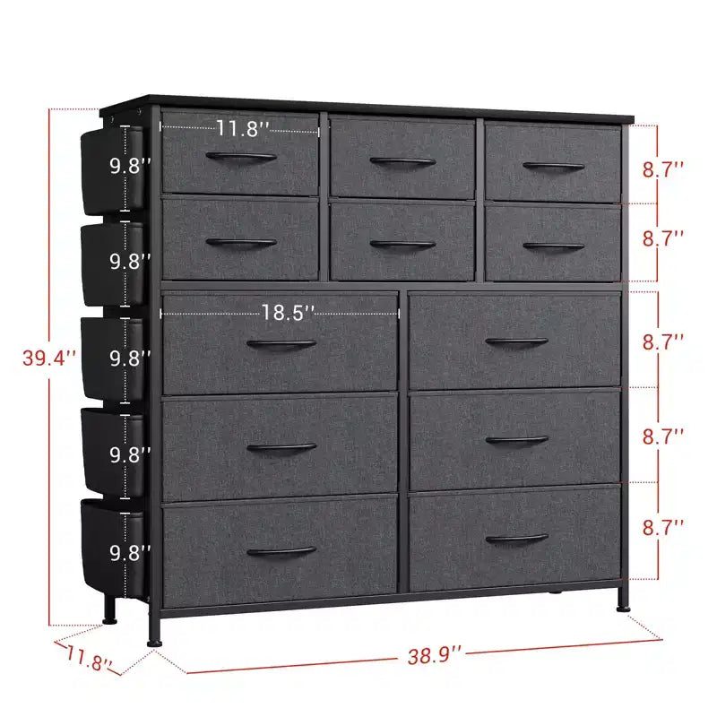 Commode en tissu à 12 tiroirs avec bacs – Tour de rangement haute avec dessus en bois, gris foncé
