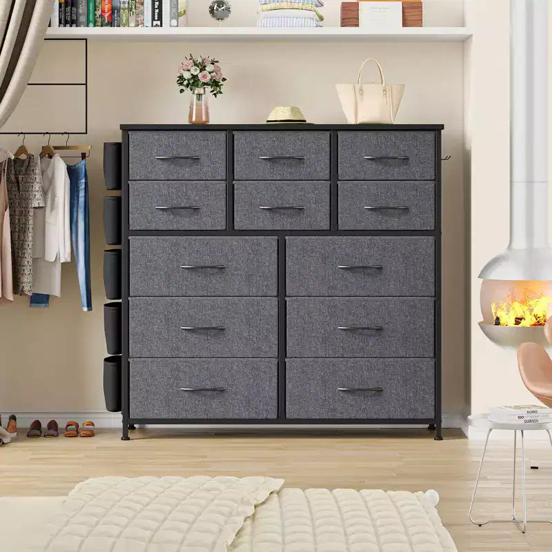 Commode en tissu à 12 tiroirs avec bacs – Tour de rangement haute avec dessus en bois, gris foncé