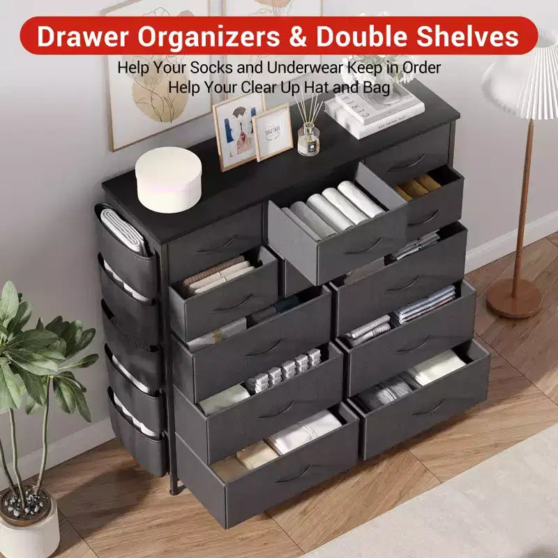 Commode en tissu à 12 tiroirs avec bacs – Tour de rangement haute avec dessus en bois, gris foncé