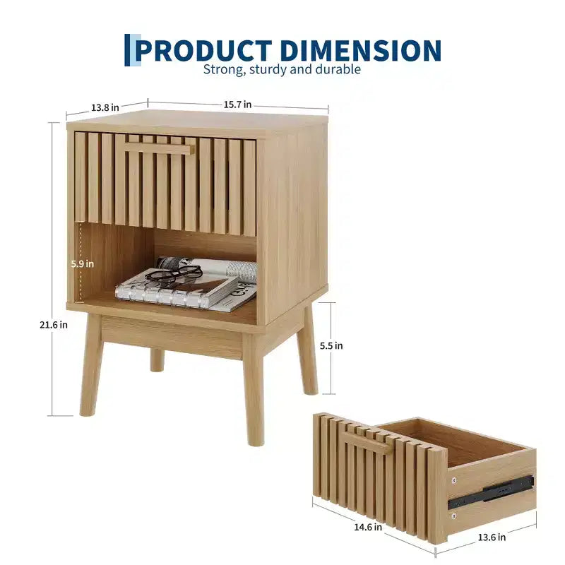 Table de chevet bohème avec tiroir et étagère ouverte – Table de chevet compacte en bois, chêne naturel