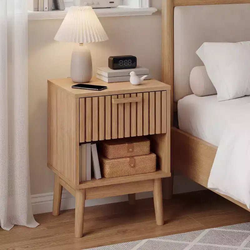 Table de chevet bohème avec tiroir et étagère ouverte – Table de chevet compacte en bois, chêne naturel