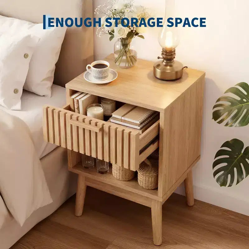 Table de chevet bohème avec tiroir et étagère ouverte – Table de chevet compacte en bois, chêne naturel