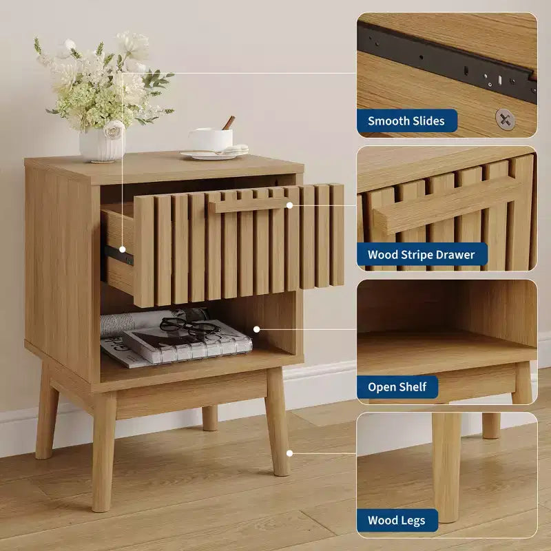 Table de chevet bohème avec tiroir et étagère ouverte – Table de chevet compacte en bois, chêne naturel