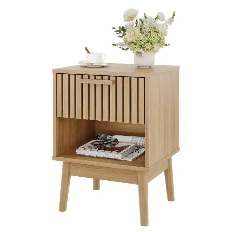 Table de chevet bohème avec tiroir et étagère ouverte – Table de chevet compacte en bois, chêne naturel