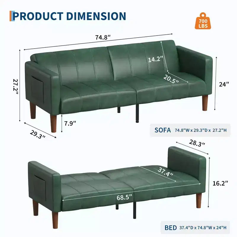 Canapé-lit futon convertible 75" – Similicuir, 3-en-1, 272 kg, Milieu de siècle moderne