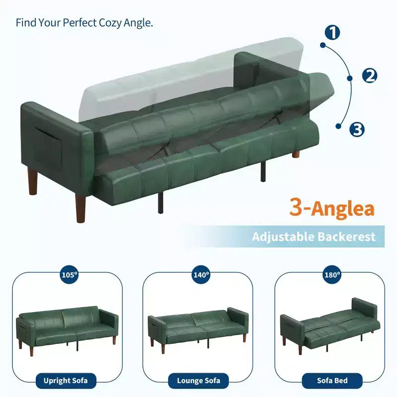 Canapé-lit futon convertible 75" – Similicuir, 3-en-1, 272 kg, Milieu de siècle moderne