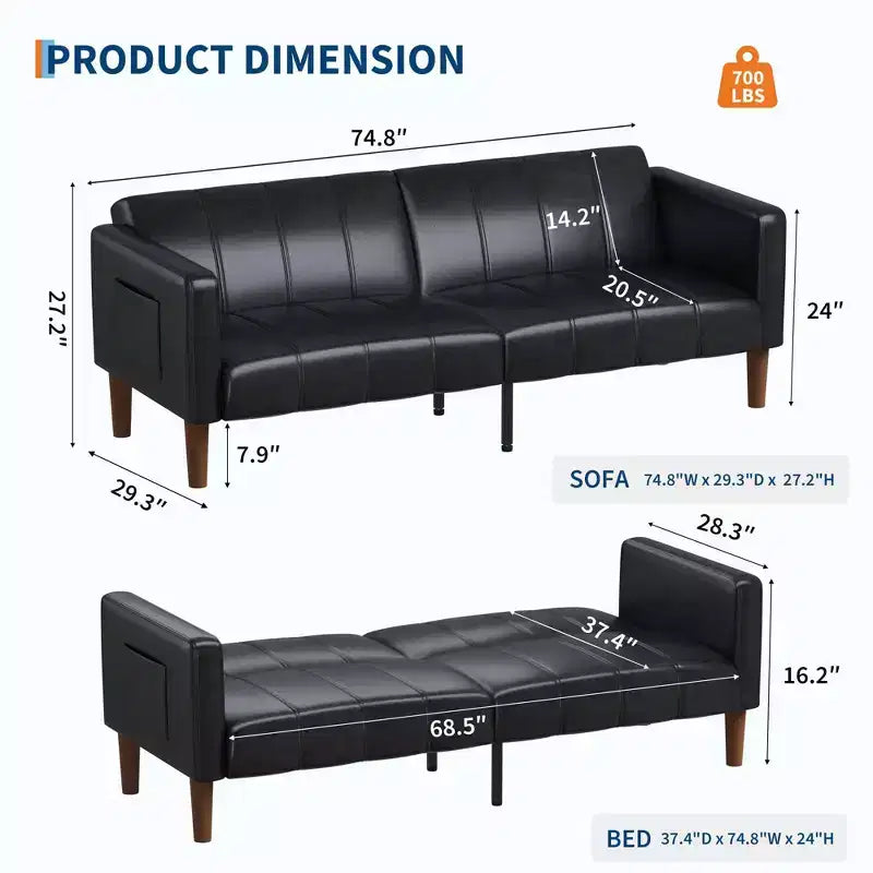 Canapé-lit futon convertible 75" – Similicuir, 3-en-1, 272 kg, Milieu de siècle moderne