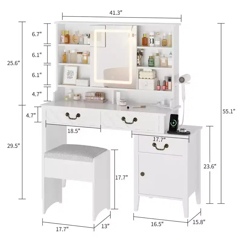 Coiffeuse avec miroir coulissant, lumières LED et station de recharge – Blanche avec tabouret