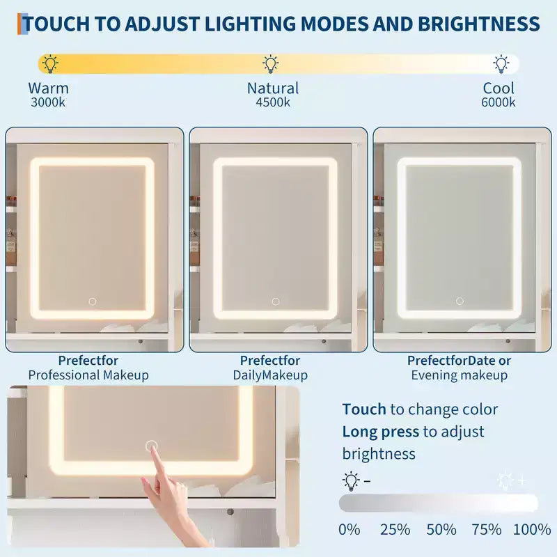 Coiffeuse avec miroir coulissant, lumières LED et station de recharge – Blanche avec tabouret