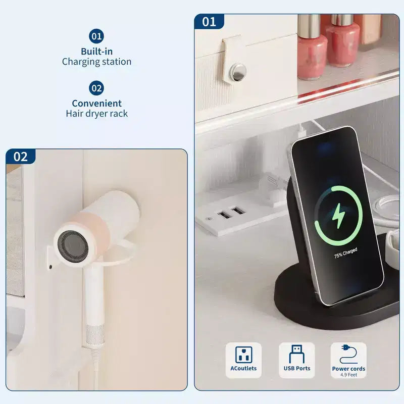 Coiffeuse avec miroir coulissant, lumières LED et station de recharge – Blanche avec tabouret